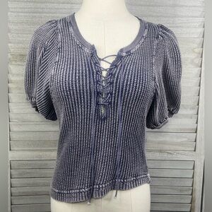 FREE PEOPLE (One) Puff Sleeve Waffle Knit Tee Acid Wash Blue-XS